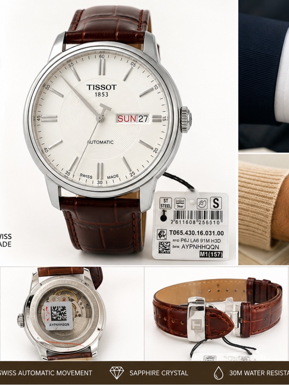 Tissot Silver Case White Dial Brown Leather Strap Automatic Watch